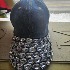 Embellished Denim Cap with Rhinestones